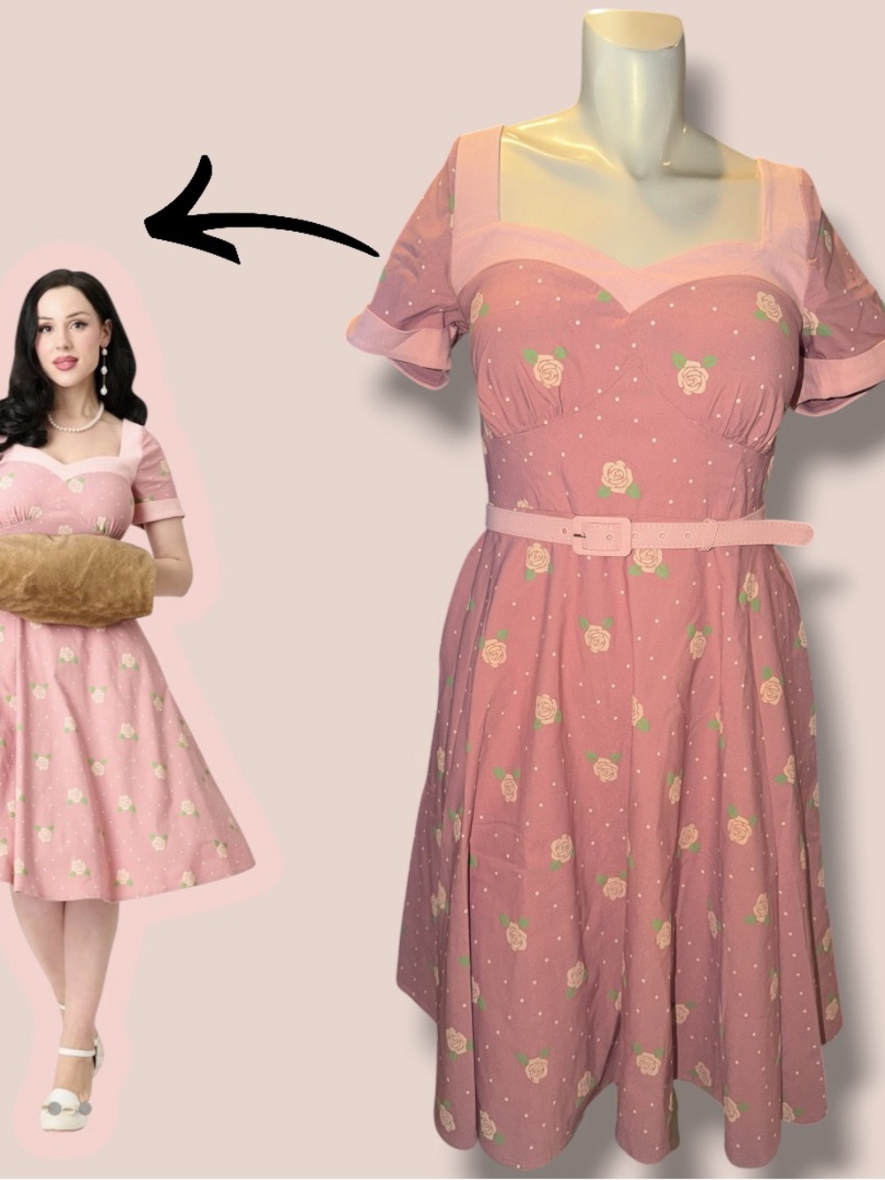 Unique Vintage Light Pink & Roses Swing Dress